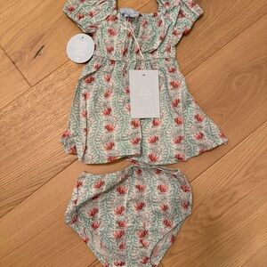 NWT Hill House The Tiny Sienna Dress, Green Linear Floral Cotton, Size 12–18 Mos